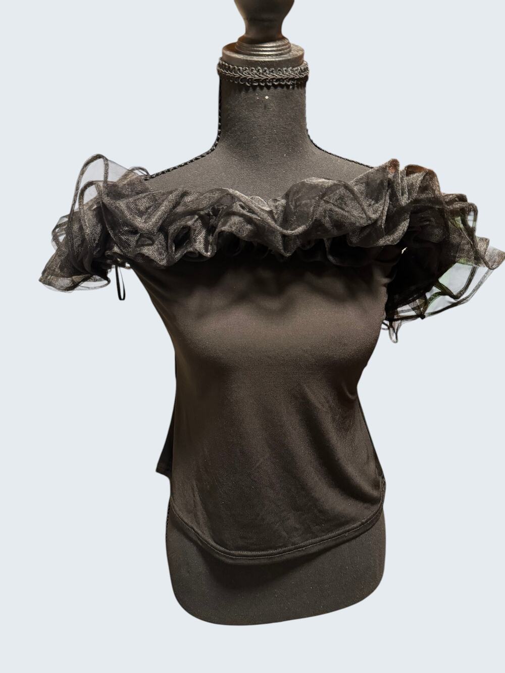 Women's Black Off Shoulder Ruffle Organza Mesh Top Size Large – Statement Blouse